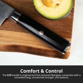 Yatoshi Knives 7-inch Santoku knife close-up for versatile mincing.