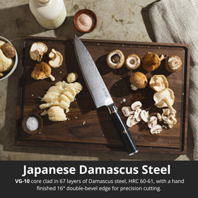 Yatoshi Knives 8-inch chef knife close-up highlighting VG-10 core and Damascus pattern for precision.