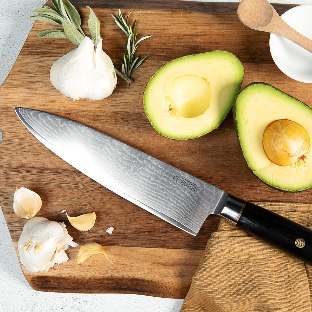 Yatoshi Knives G10 handle close-up showing textured grip and balanced feel.