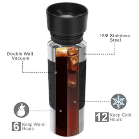 Yawbay 16-ounce black travel mug fits most car cup holders.