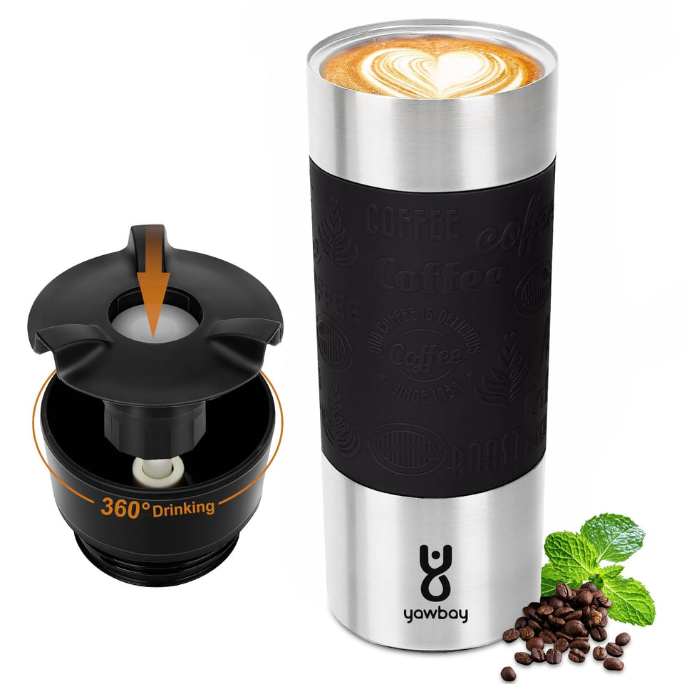 Yawbay Travel Mug with 360° lid, open view shows easy one-handed sipping on the go.