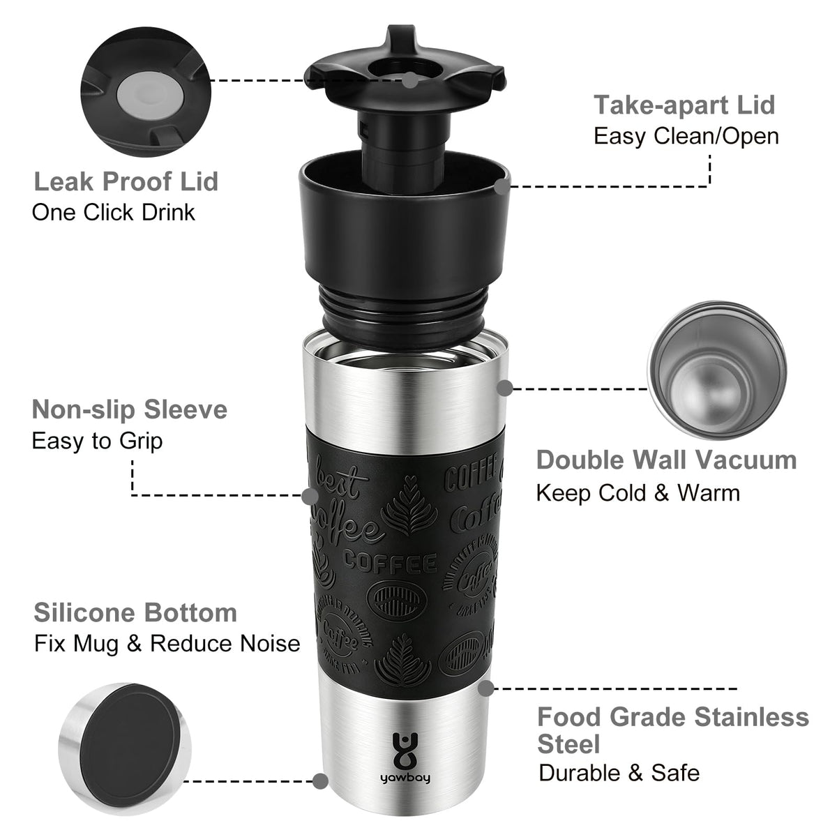 Yawbay travel mug fits in car cup holders for on-the-go use.
