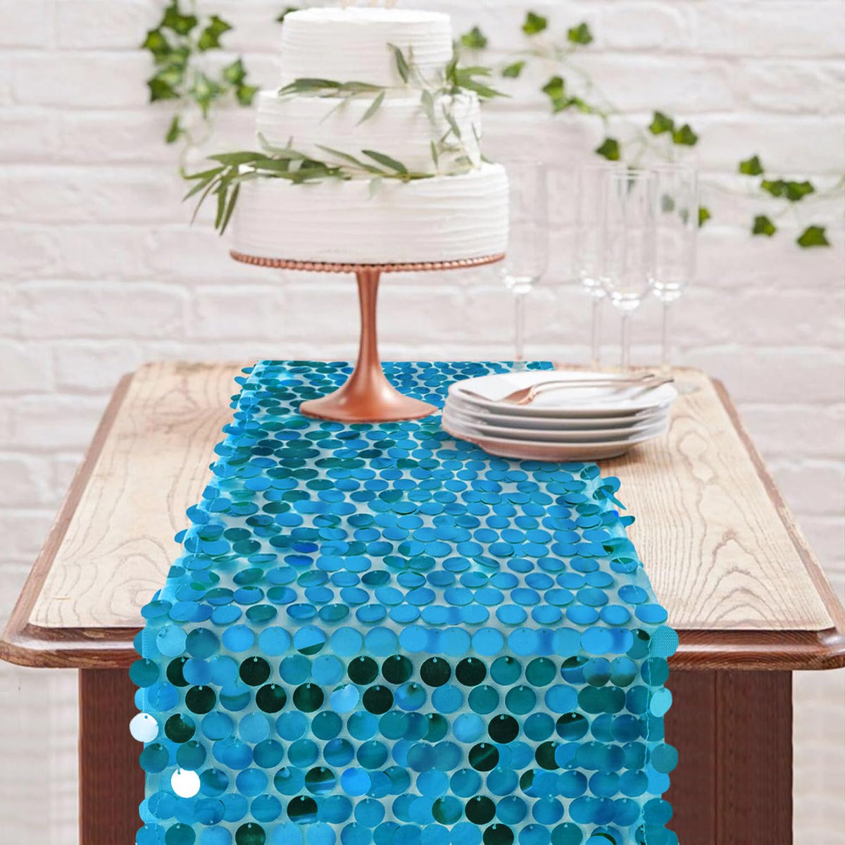 Yblut turquoise sequin runner enhances guest seating ambiance