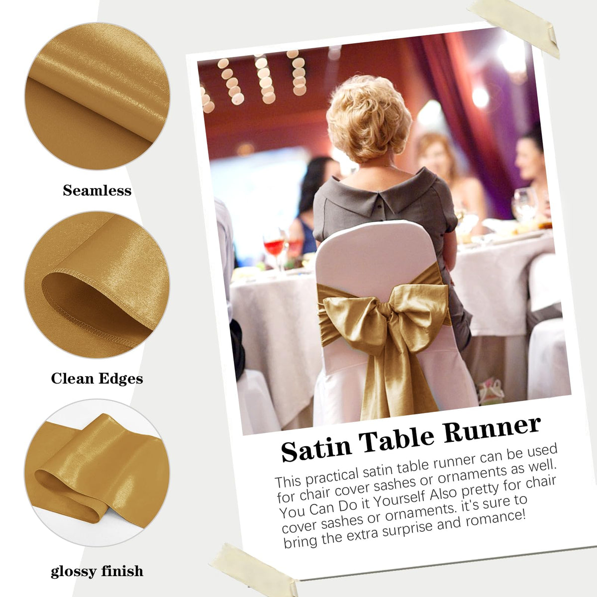Yblut seamless design satin table runner with wrinkle free edges.