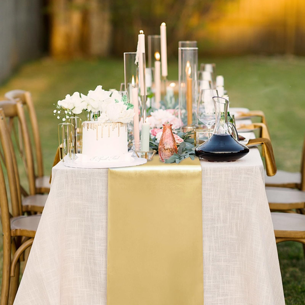 Yblut seamless one-piece satin runner for wrinkle-free table setup.
