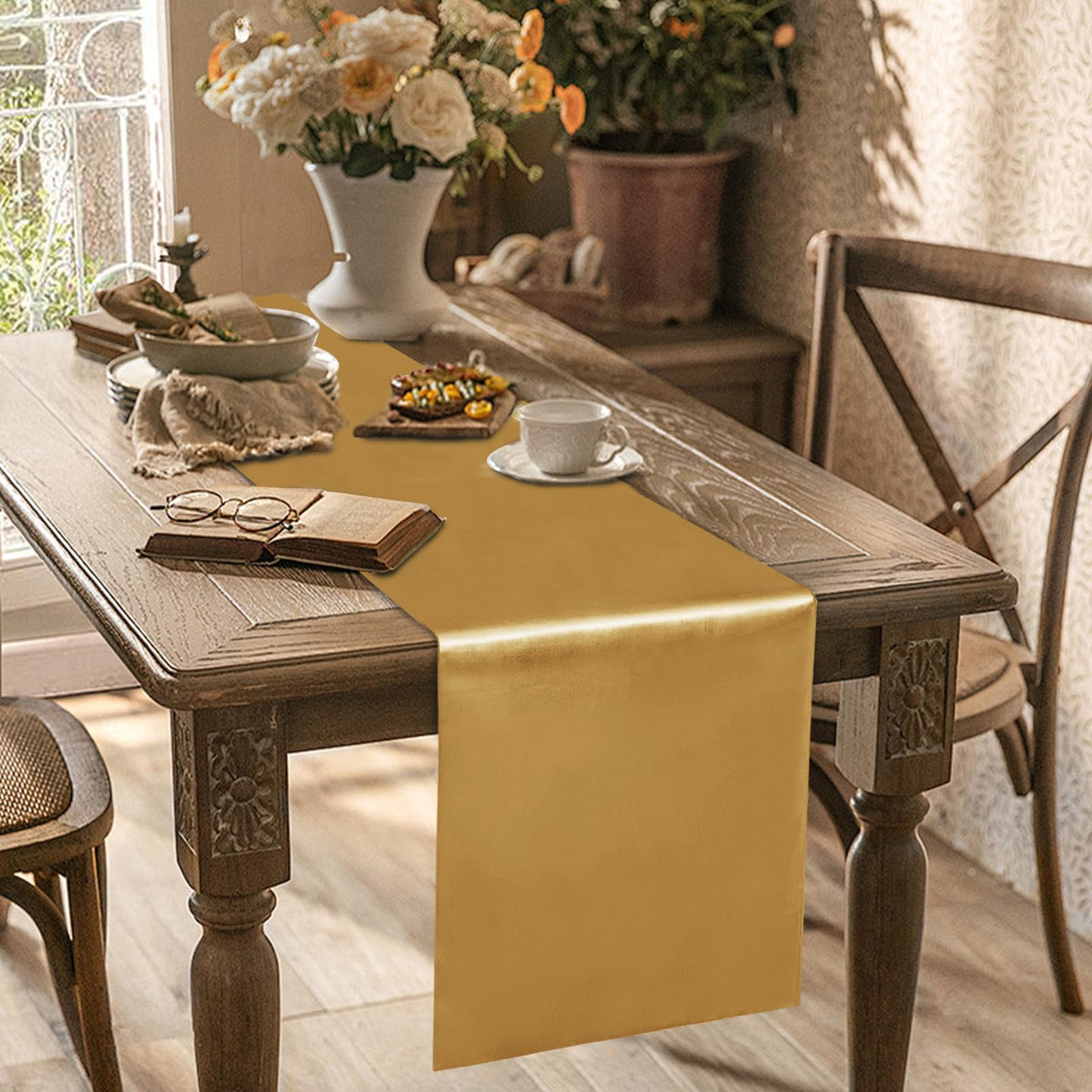 Yblut old gold satin table runner on a wedding setup adds elegance.