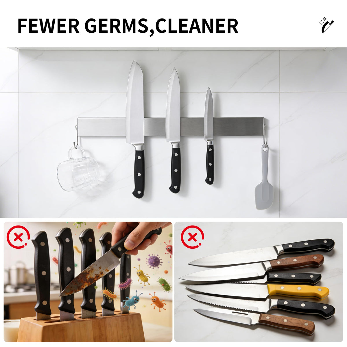 YC Kitchen satin-polished surface protects hands and utensils while storing blades