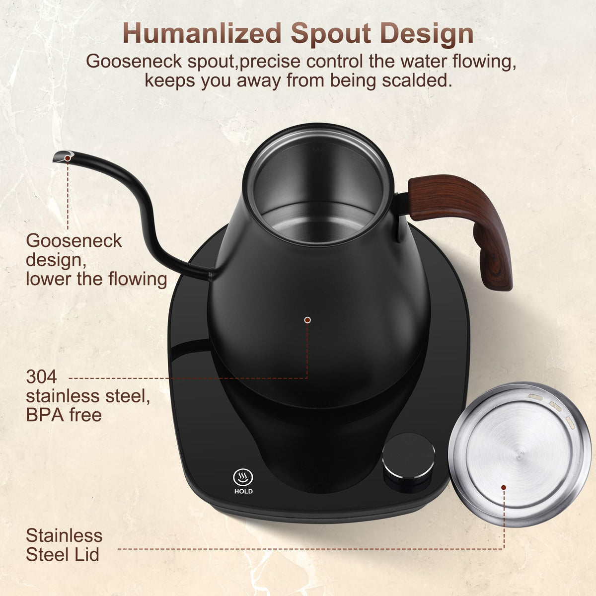 YDDZZM gooseneck kettle interior stainless steel for clean water.