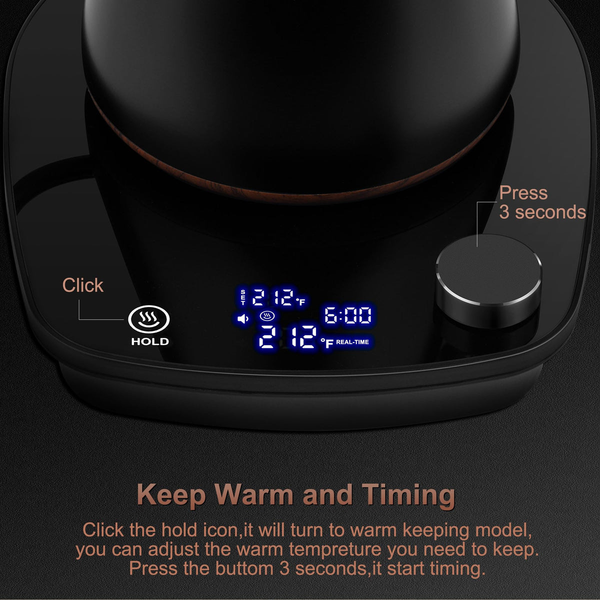 YDDZZM gooseneck kettle LCD display shows real-time temperature and settings.