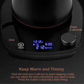YDDZZM gooseneck kettle LCD display shows real-time temperature and settings.