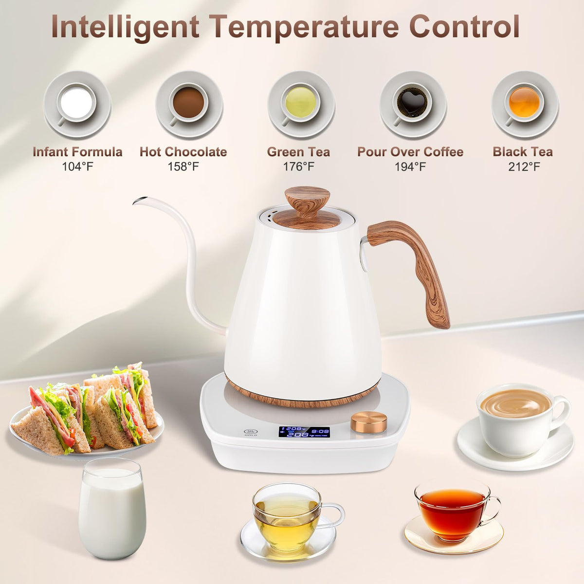 YDDZZM Gooseneck Kettle LCD display shows real-time temperature