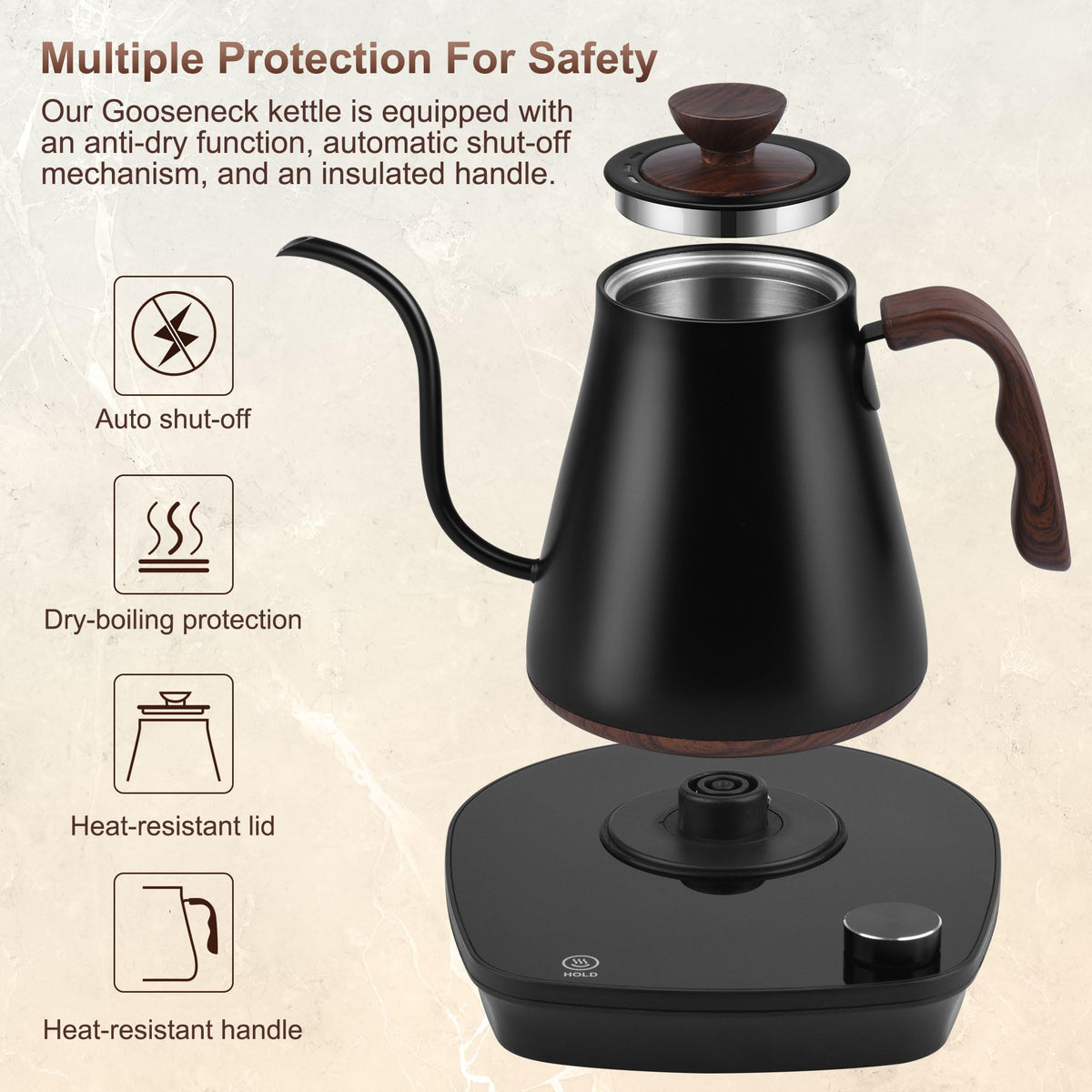 YDDZZM gooseneck kettle safety features protect during heating and pouring.