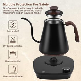 YDDZZM gooseneck kettle safety features protect during heating and pouring.
