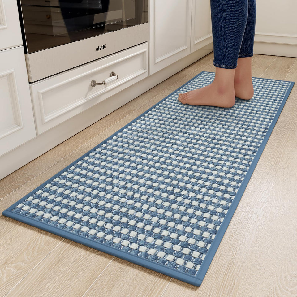 YDKGL blue chenille kitchen mat with non-slip backing for safer standing