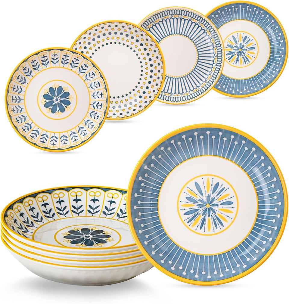 Yeacccng Bohemian pasta bowls set of 4, 8-inch, vibrant glaze for stylish meals.