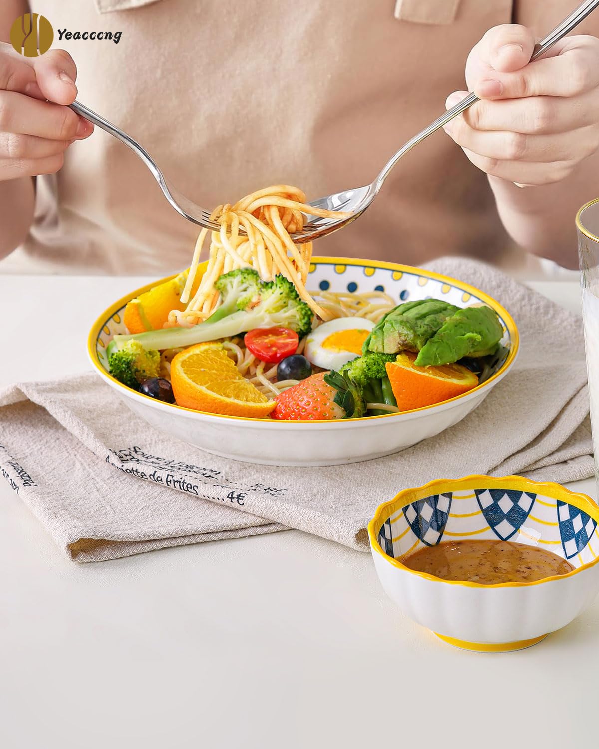 Yeacccng pasta bowls on dining table showcase rustic elegance for family meals.