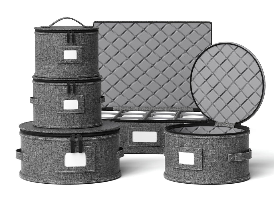 YearningHome china storage with hard-shell interior protecting dinnerware.