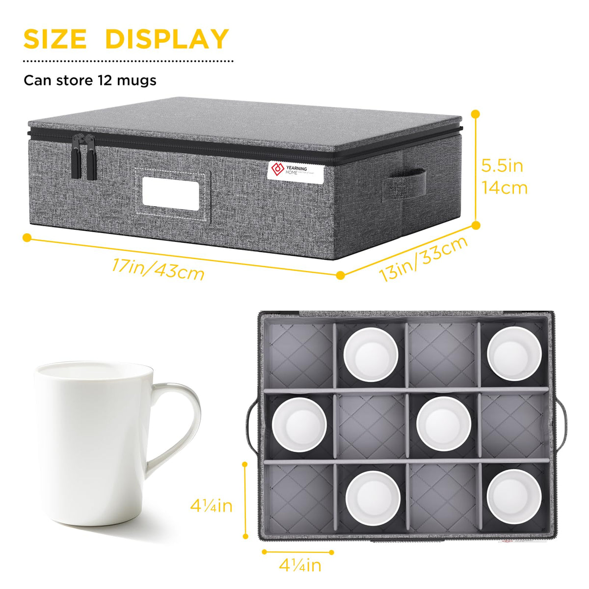 YearningHome mug storage box with 12-piece capacity for mugs.