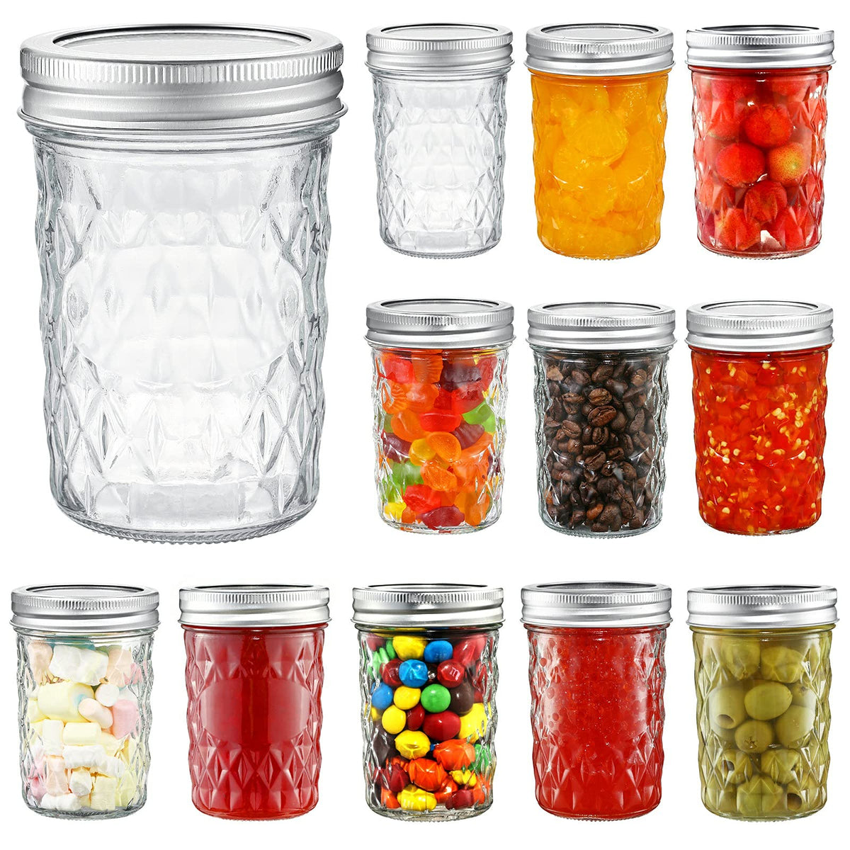YEBODA 12 pack 8 oz mason jars with lids show clear visibility for canning and storage.
