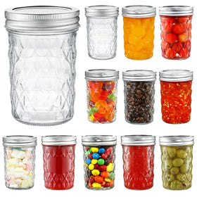 YEBODA 12 pack 8 oz mason jars with lids show clear visibility for canning and storage.