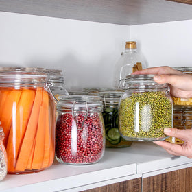 YEBODA 3-pack square glass canisters for organized pantry storage.