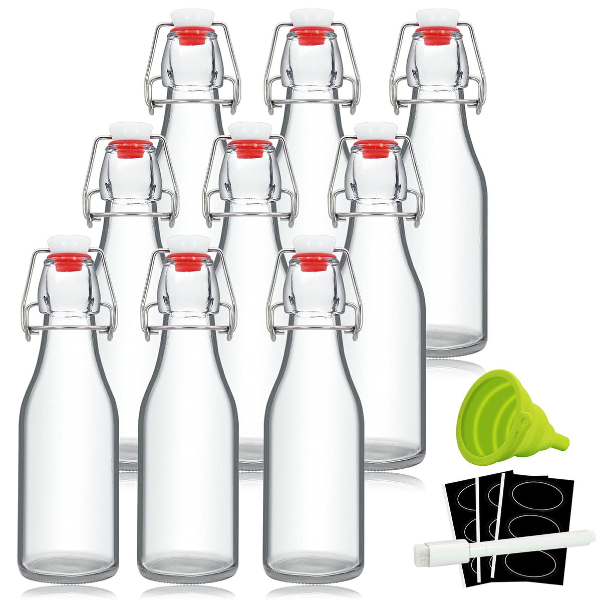 YEBODA 8oz swing-top bottle closeup showing durable glass and clear contents.