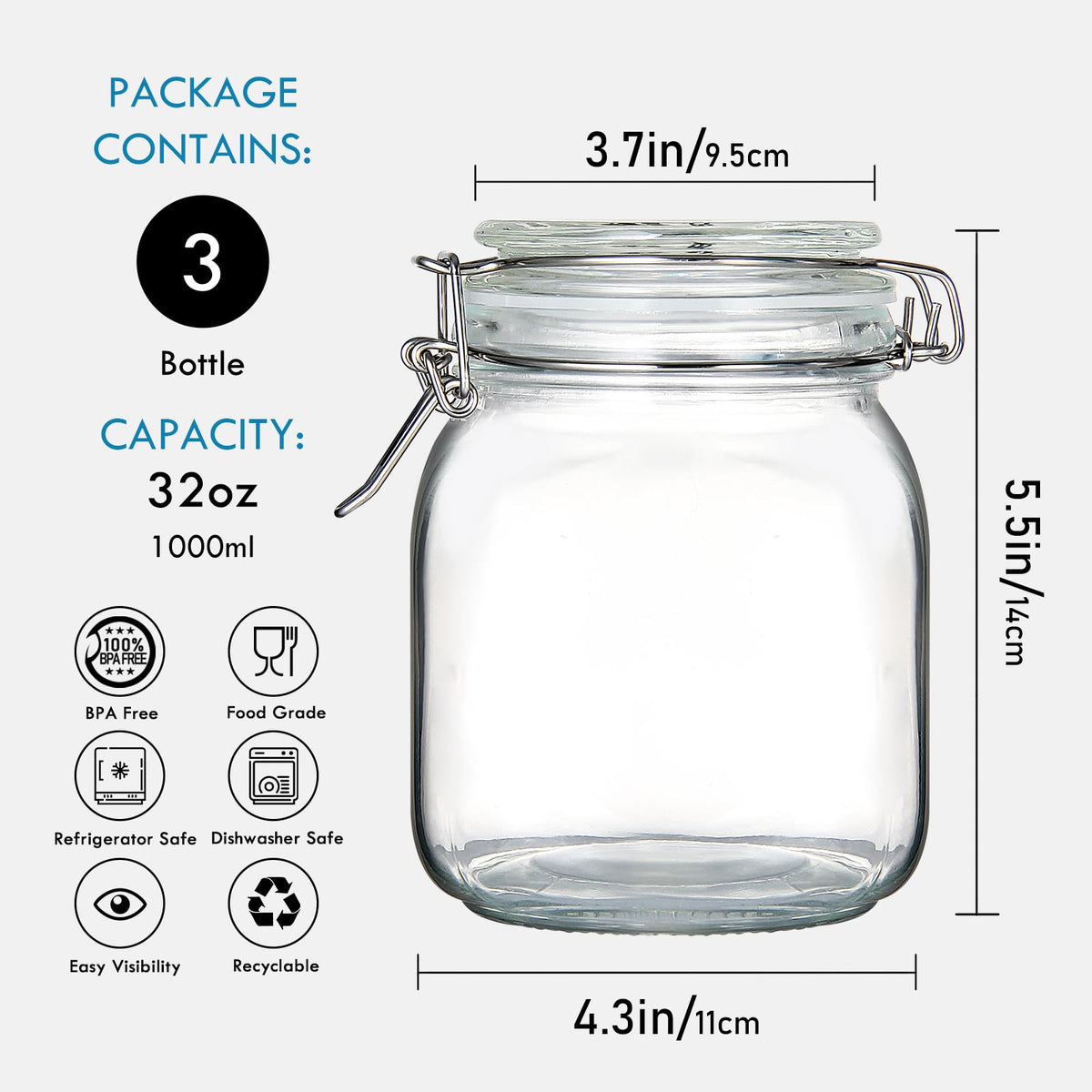 YEBODA wide opening glass canister for easy filling and cleaning.