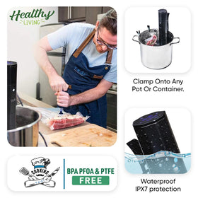 Yedi Infinity built-in clamp secures to heat-safe pots during sous vide cooking.