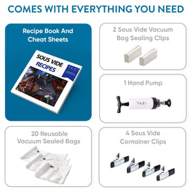 Yedi Infinity deluxe kit contents include pump, bags, clips and recipes for sous vide.