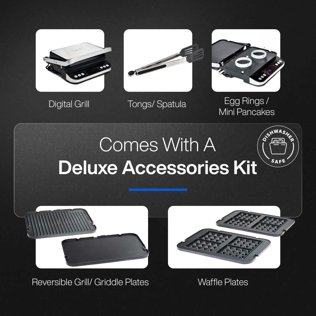 Yedi interchangeable grill, griddle, and waffle plates for varied meals.