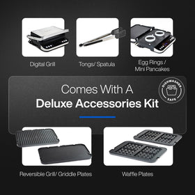 Yedi interchangeable grill, griddle, and waffle plates for varied meals.