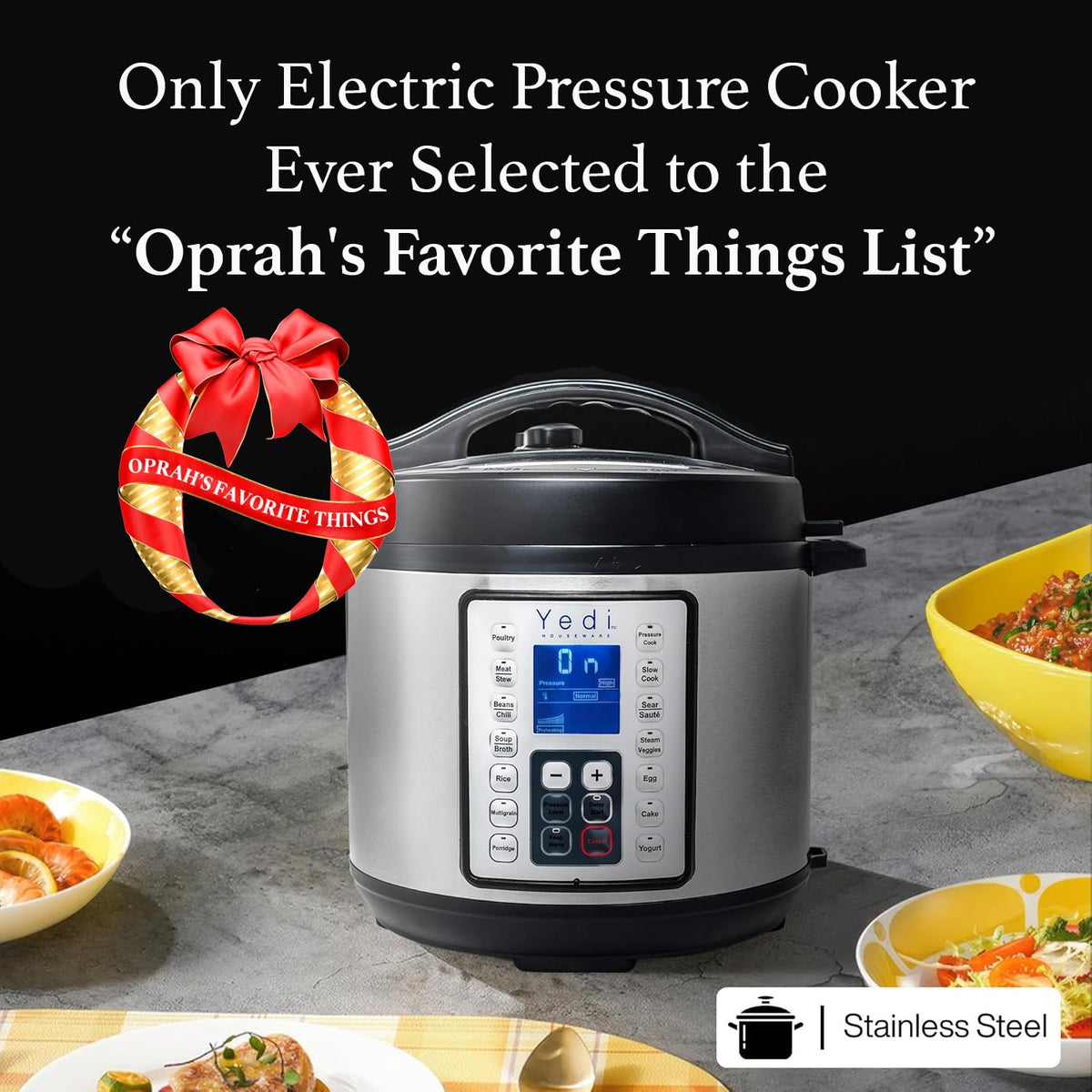 Yedi Total Package Pressure Cooker digital screen closeup shows 15 programs for versatile cooking.