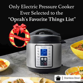 Yedi Total Package Pressure Cooker digital screen closeup shows 15 programs for versatile cooking.