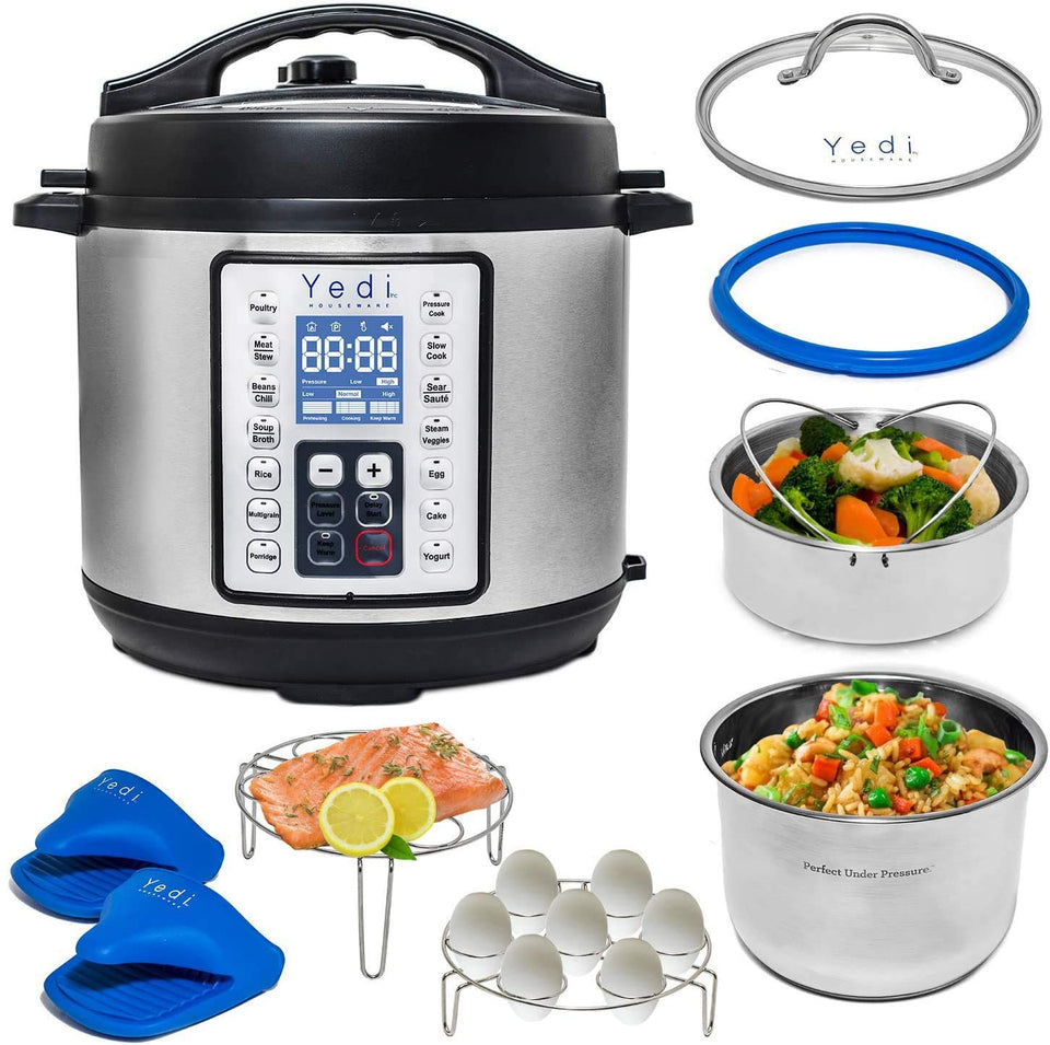 Yedi Total Package Pressure Cooker front view shows a durable stainless steel body.