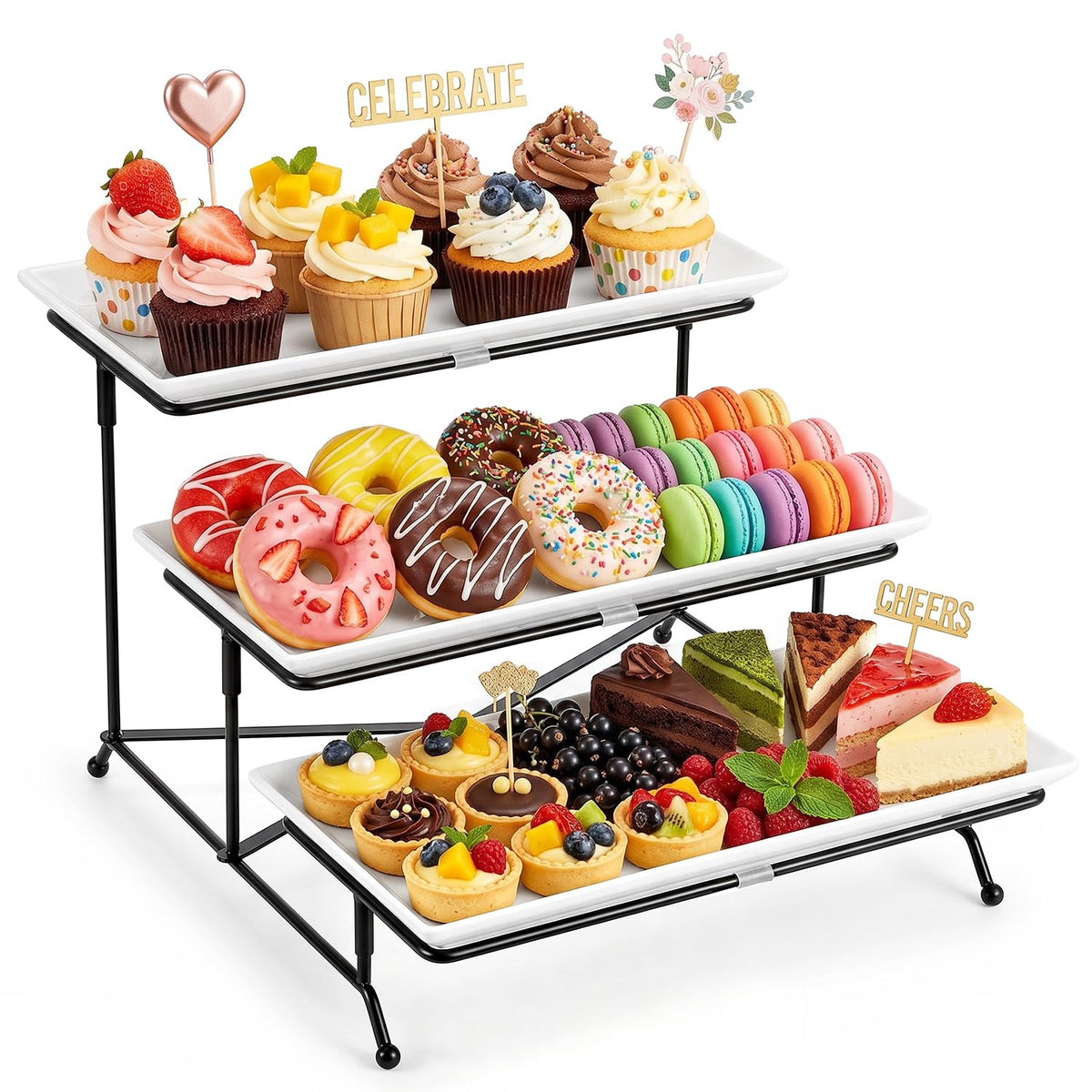 Yedio 3-tier porcelain tray assembly for sturdy, elegant presentation