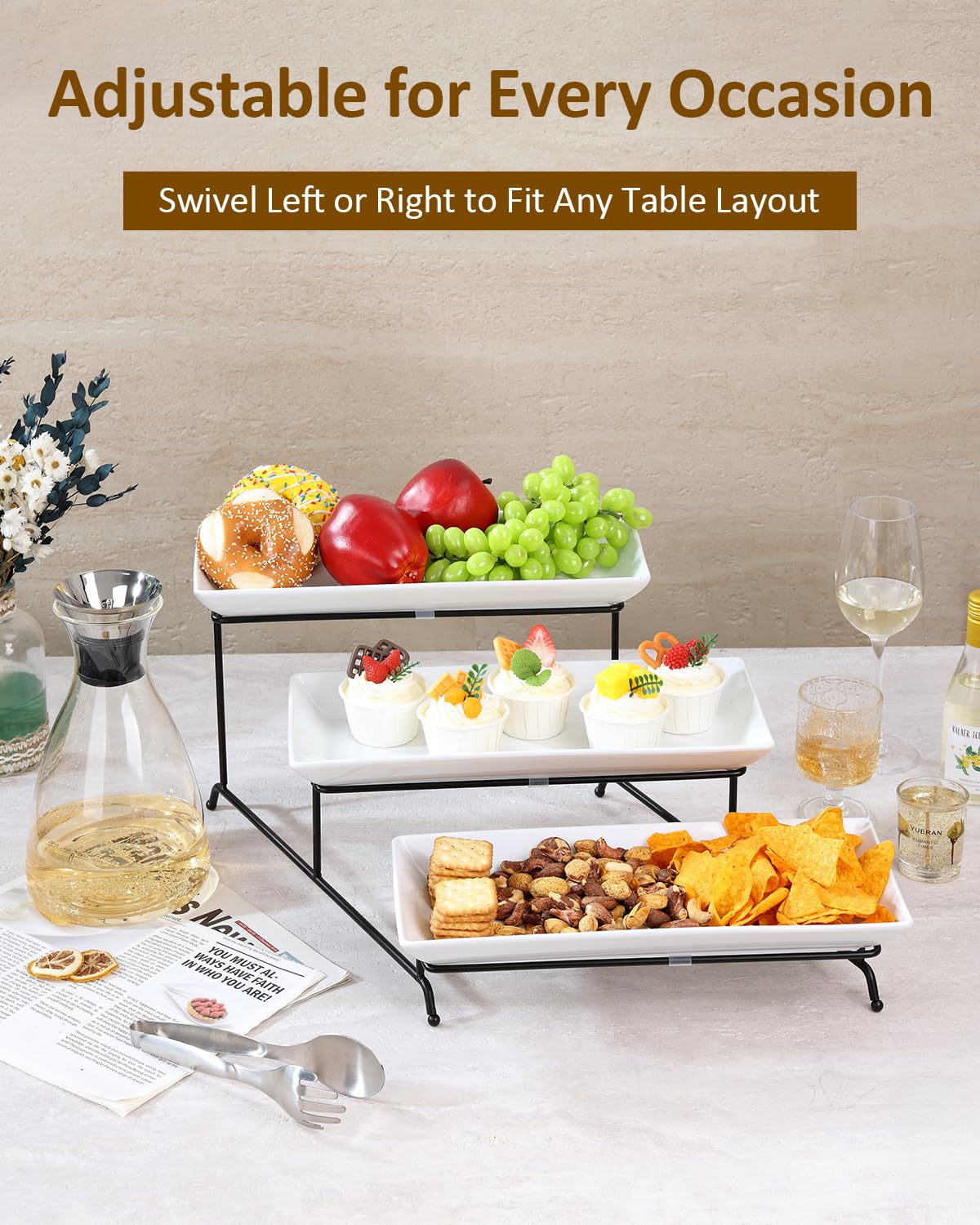 Elevated display enhances accessibility for fruits and desserts.