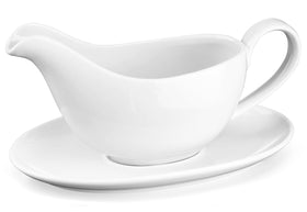 Yedio gravy boat with saucer on table for spill-free serving.