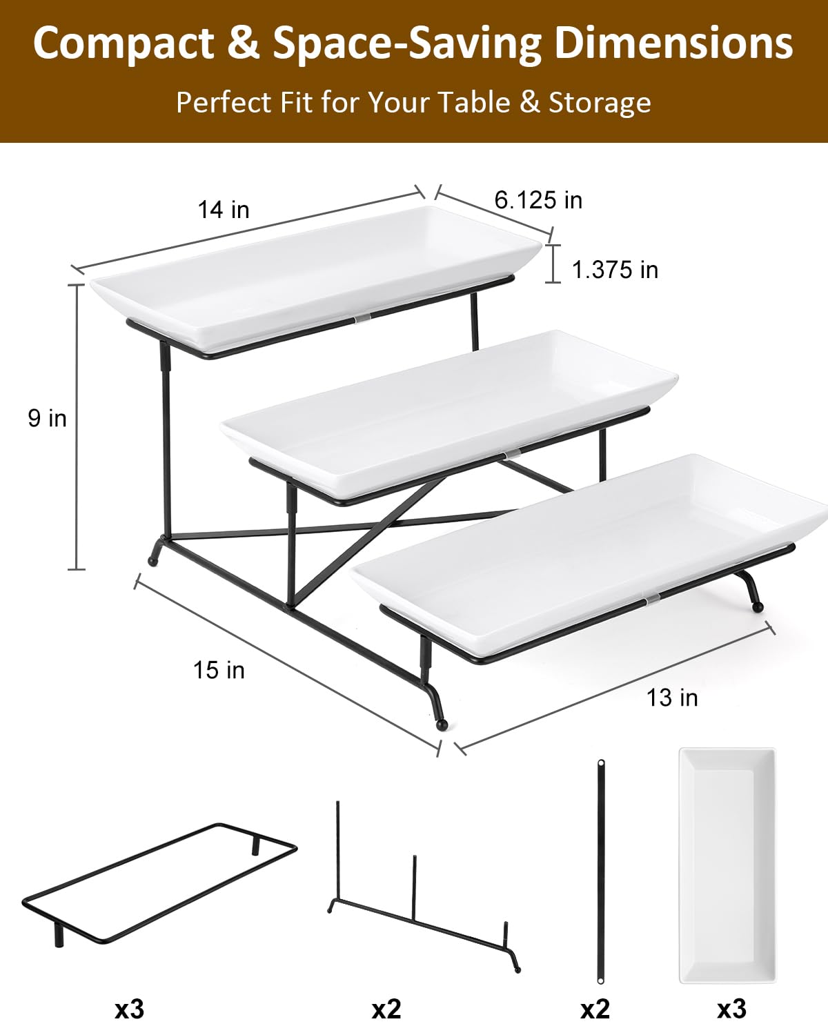 Stable cross-bars provide sturdy support for the 3-tier stand.