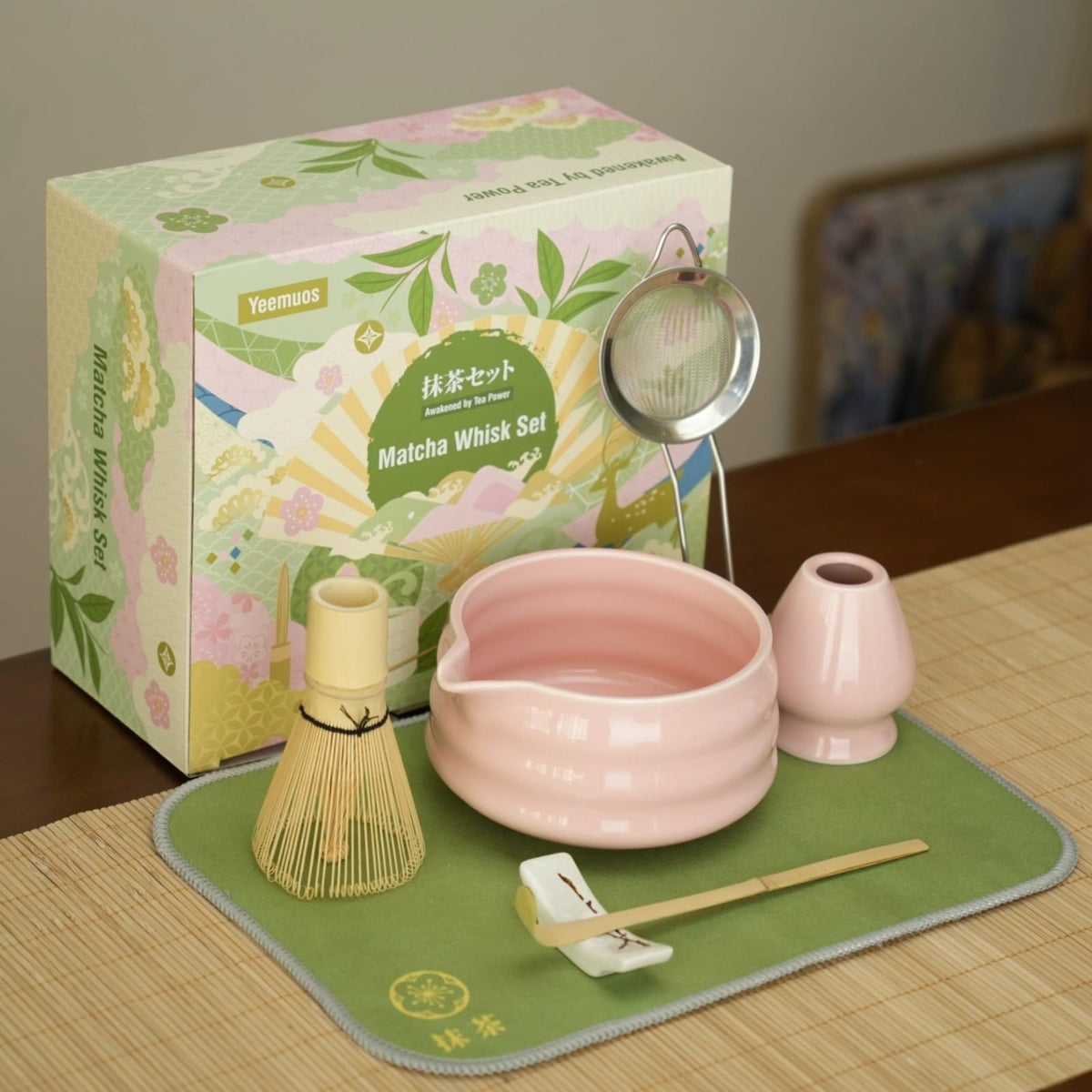 YEEMUOS stainless steel sifter, ensures lump-free matcha for silky cups.