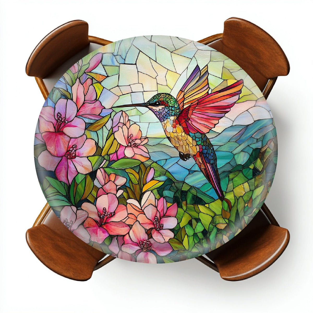 YEYE JUICE round tablecloth in hummingbird pattern for stylish outdoor dining.