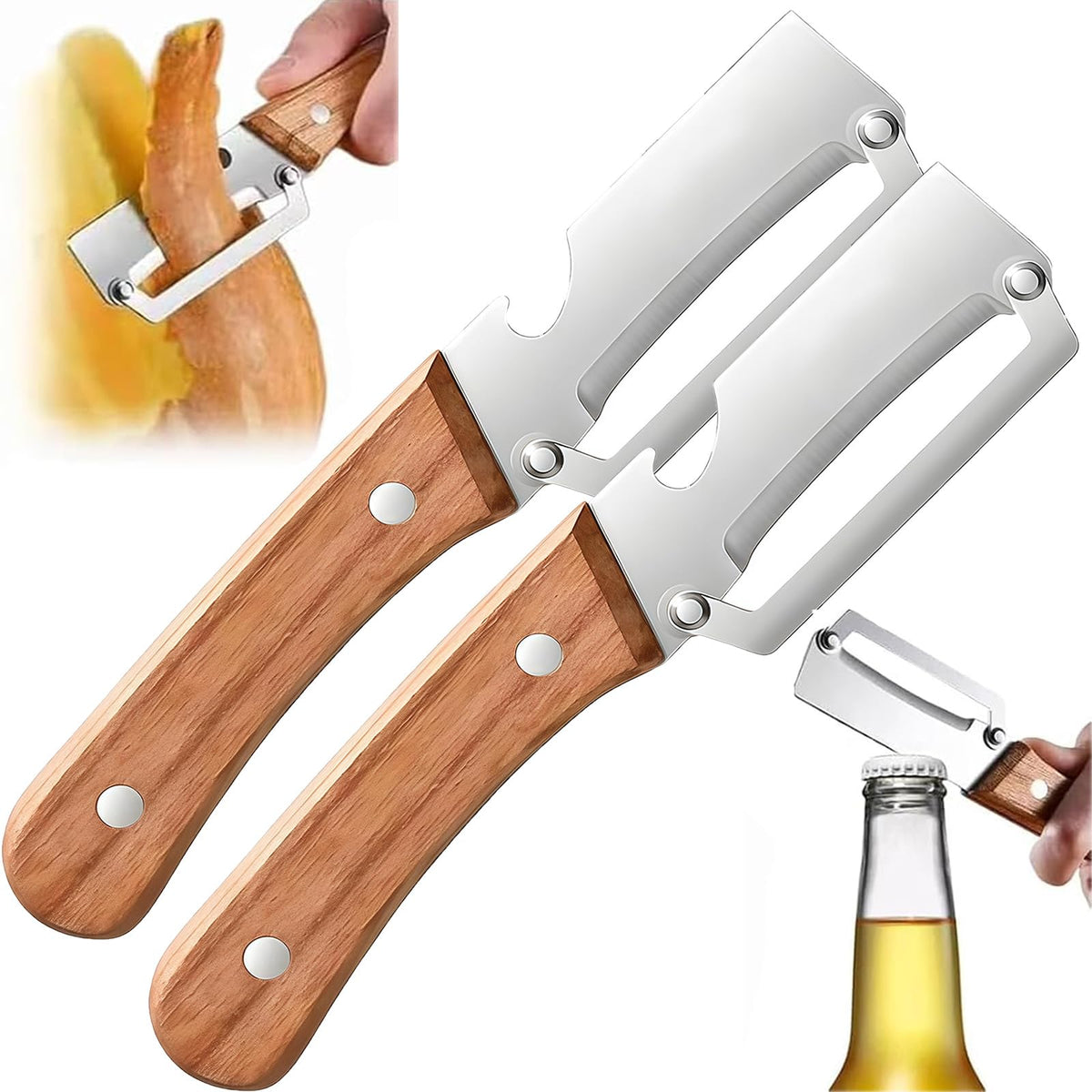 YellowRiver 2-in-1 peeler with wooden handle and bottle opener