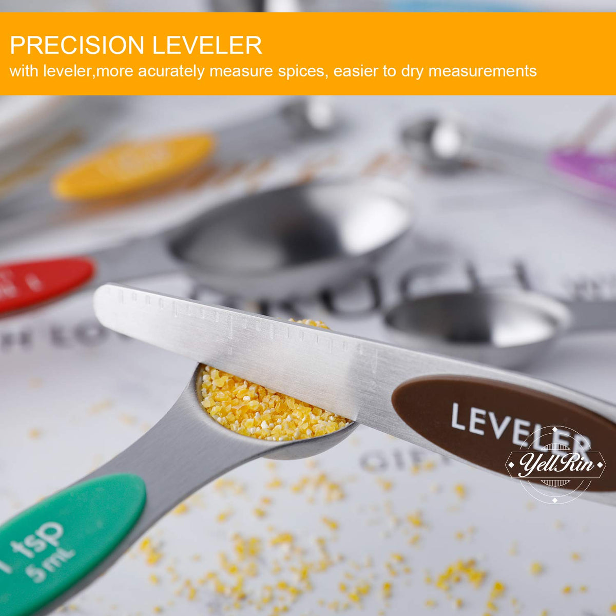 YellRin dual-ended design supports dry and liquid measuring.