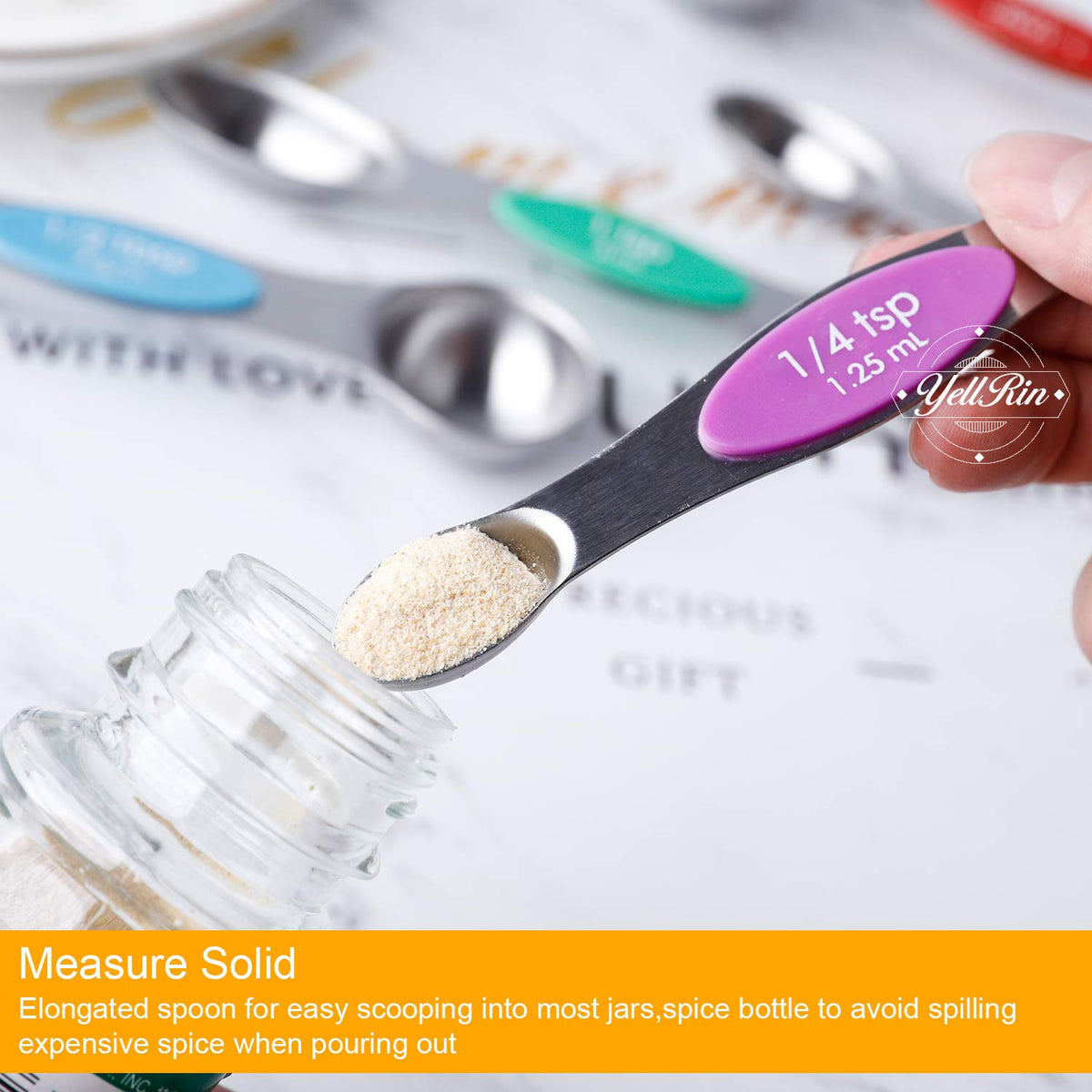 YellRin spoons fit narrow bottle mouths and spice jars.