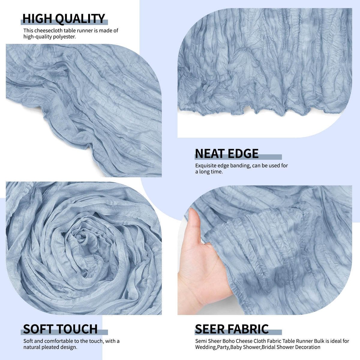 Boho-inspired dusty blue Yemosa table runner with pleated texture for weddings