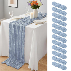 Yemosa dusty blue cheesecloth table runner with pleated 10ft design for elegant tables