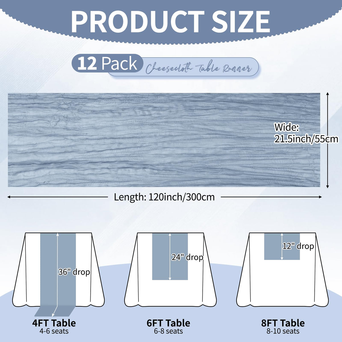 Yemosa semi-sheer dusty blue cheesecloth runner adds soft movement to events