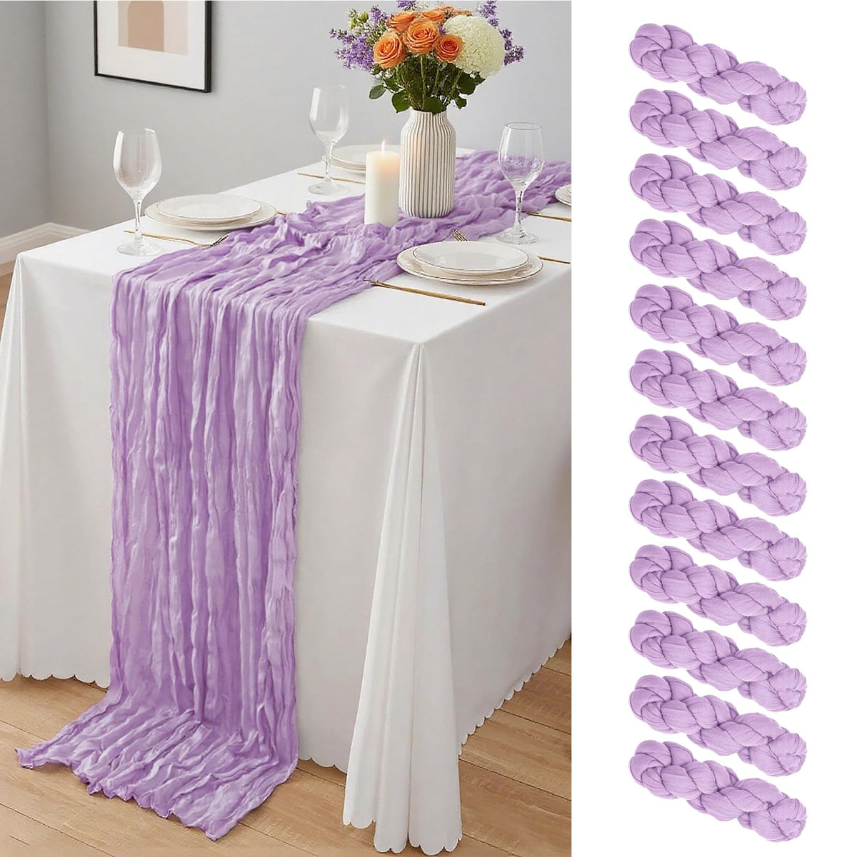 Yemosa lavender cheesecloth table runner 10ft highlights textured semi-sheer fabric for elegant decor