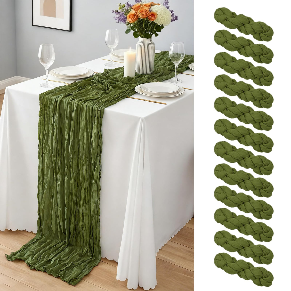 Yemosa olive green cheesecloth table runner draping elegantly for weddings