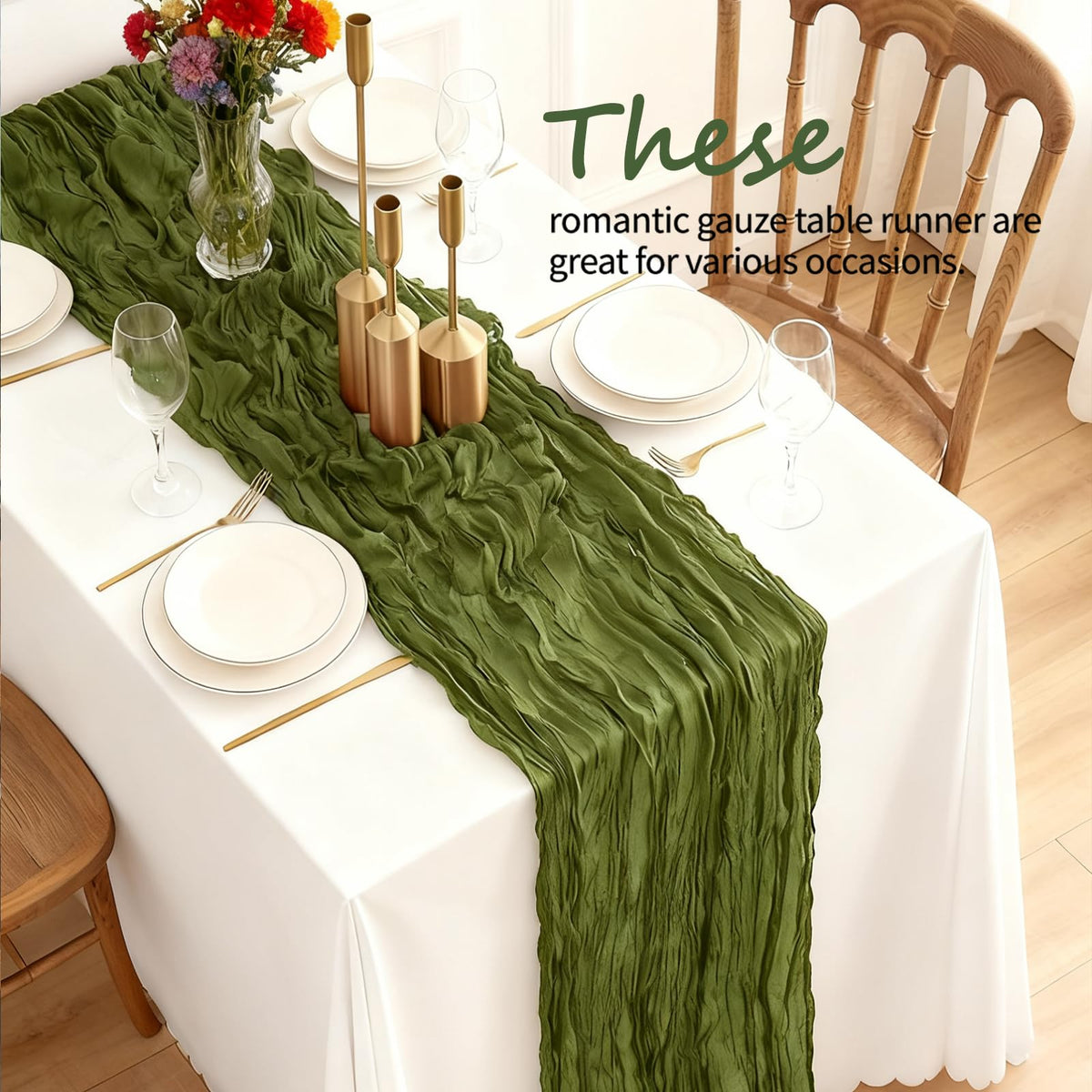 Yemosa olive green runner adds soft translucence to Christmas tables