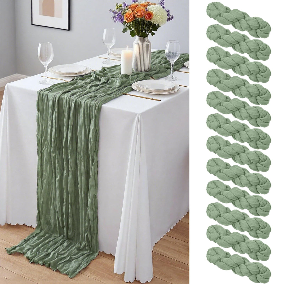 Yemosa sage green cheesecloth table runner in 10ft length for versatile wedding decor.